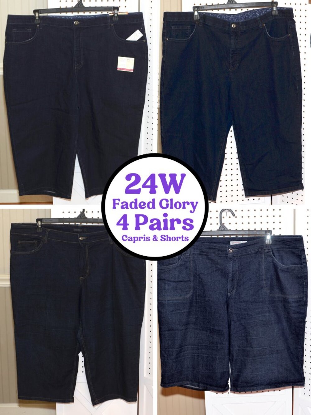 Plus Size 24W Faded Glory Dark Rinse Jean Capri & Shorts Lot - 4 PAIRS (1 NWT)